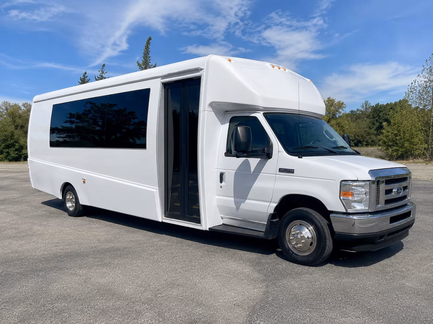 White party bus exterior